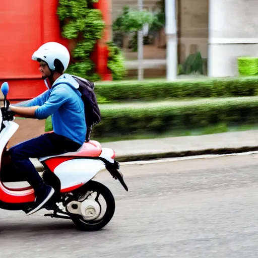 Image similar to delivery driver on moped delivering packages, bright color, bubbly, artistic rendering, cartoon, no blur, white background