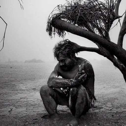 Image similar to The installation art shows a man caught in a storm, buffeted by wind and rain. He clings to a tree for support, but the tree is bent nearly double by the force of the storm. The man's clothing is soaked through and his hair is plastered to his head. His face is contorted with fear and effort. Babylonian by Bruno Munari, by Kazuo Koike energetic