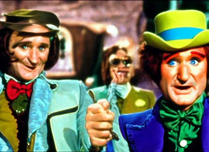 Image similar to film still of Robin Williams as Willy Wonka in Willy Wonka and the Chocolate Factory 1971