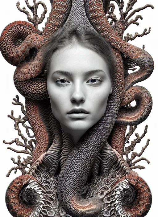 Prompt: ridiculously beautiful young womans face, layers of intricate swirling fractals of 3 d snake skin, blooming, portals into dimensions, coral, birds, symmetrical, in the style of ernst haeckel, effervescent, sacred geometry, surrealism, photo realistic, epic and cinematic, 3 d, clear, sharp,