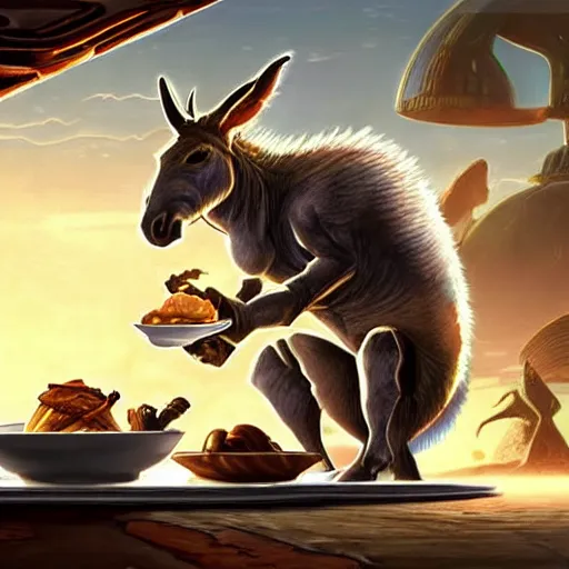 Image similar to ultrarealistic, ultradetailed, battle donkey eating breakfast, sitting on a futuristic table with aliens, at the end of the universe, very very very ultradetailed, epic fantasy style art, fantasy epic digital art, epic fantasy art, hearthstone style art