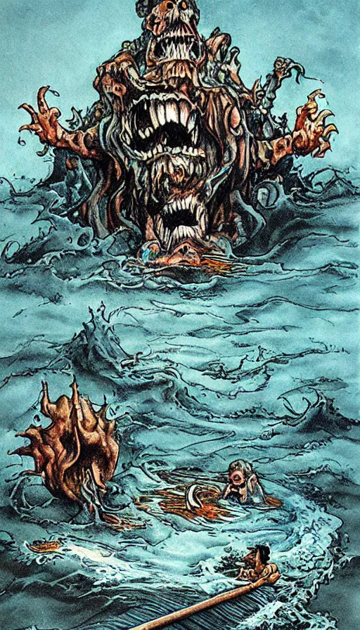 Image similar to man on boat crossing a body of water in hell with creatures in the water, sea of souls, by ed roth