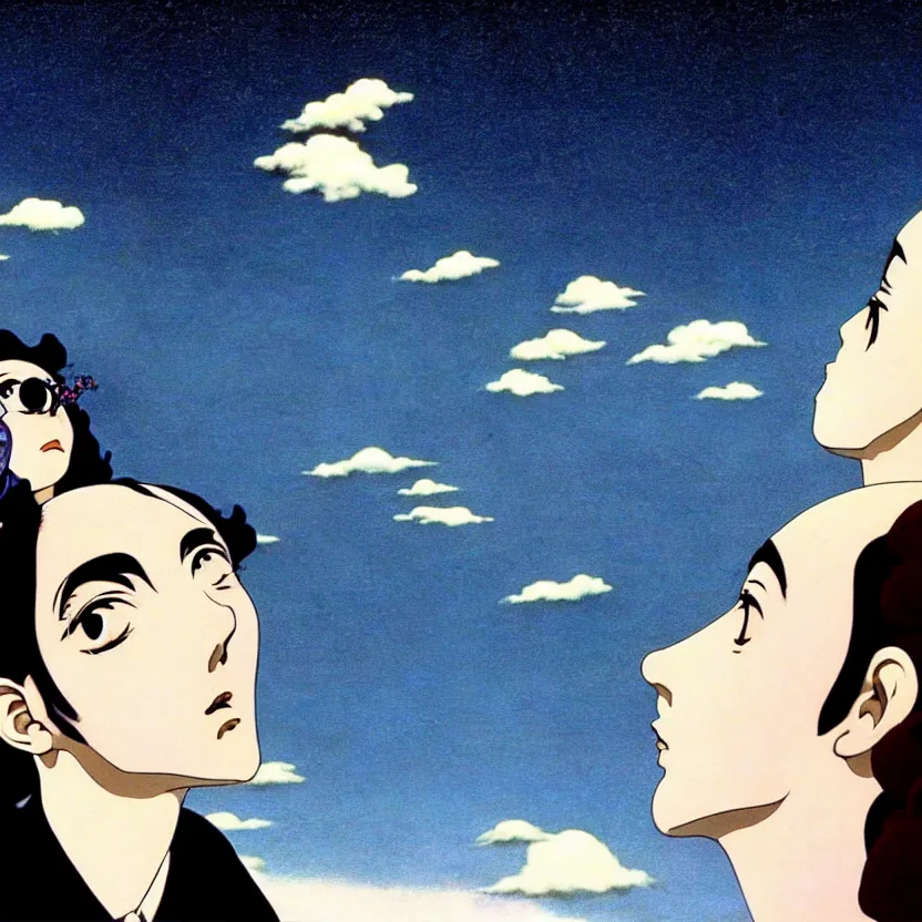 Image similar to film still of a scientist looking up in the dreamy sky, highly detailed, sharp focus, surreal, dreamlike, by satoshi kon and salvador dali