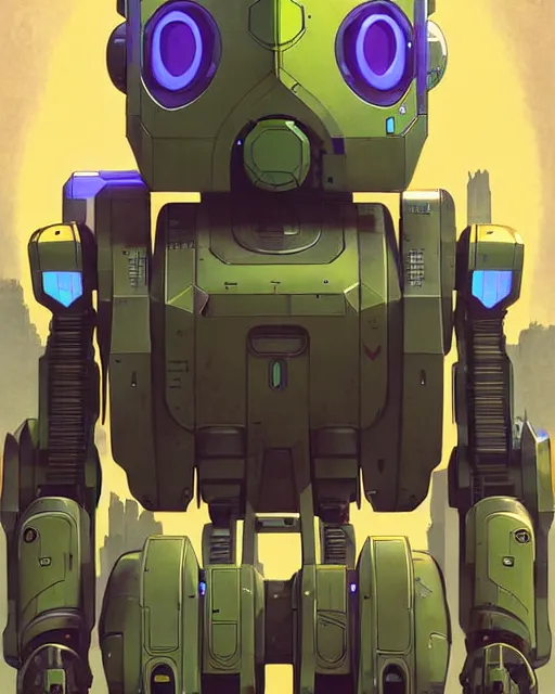 Image similar to bastion the friendly robot from overwatch, character portrait, portrait, close up, concept art, intricate details, highly detailed, vintage sci - fi poster, retro future, in the style of chris foss, rodger dean, moebius, michael whelan, and gustave dore