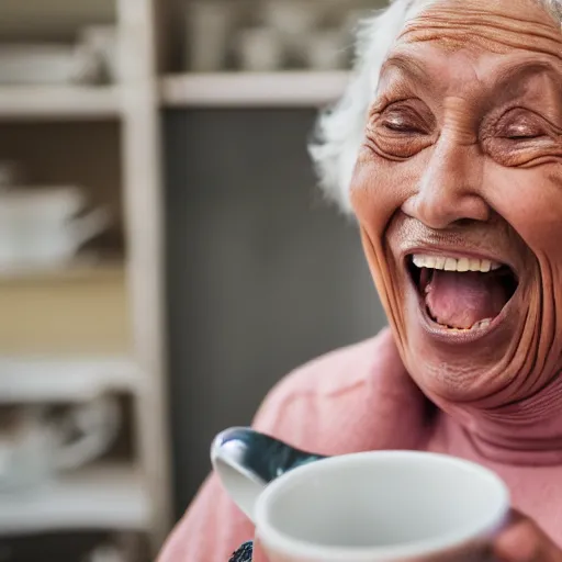 Image similar to elderly woman screaming at a cup of tea, canon eos r 3, f / 1. 4, iso 2 0 0, 1 / 1 6 0 s, 8 k, raw, unedited, symmetrical balance, wide angle