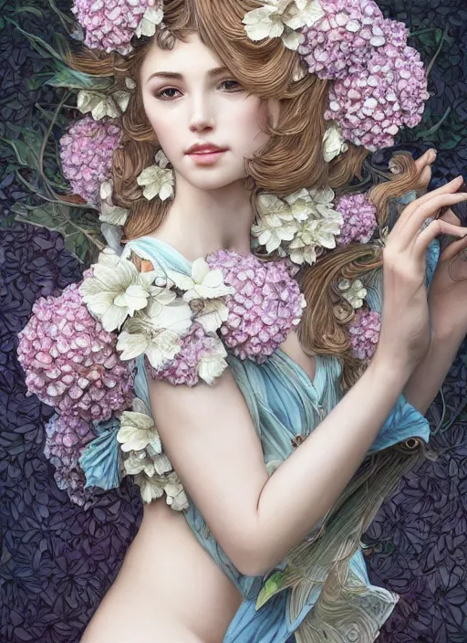 Image similar to a photographic portrait of a anthropomorphic hydrangea blossom, very very pretty face!!!!, fantasy, wind blowing hair, intricate, elegant, highly detailed, digital painting, artstation, concept art, smooth, sharp focus, illustration, art by artgerm and h r giger and alphonse mucha