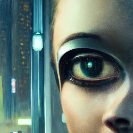 Image similar to detailed face of a woman, moment, cyberpunk cloisters, electronic billboards, tech noir, wet reflections, atmospheric, ambient, pj crook, livia prima, greg rutkowski, edward hopper