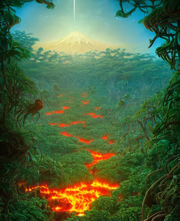 Image similar to simplicity, an elegant structure made out of exotic fungus, overgrown with lush floral jungle, partly cloudy, hellscape, hell, fire, brimstone, lava, by dan mumford, yusuke murata, makoto shinkai, ross tran, cinematic, unreal engine, cel shaded, featured on artstation, pixiv