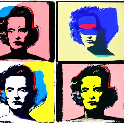 Prompt: androids, panels, primary colors, robot lithography, gynoids by warhol, cyborgs in the style of andy warhol