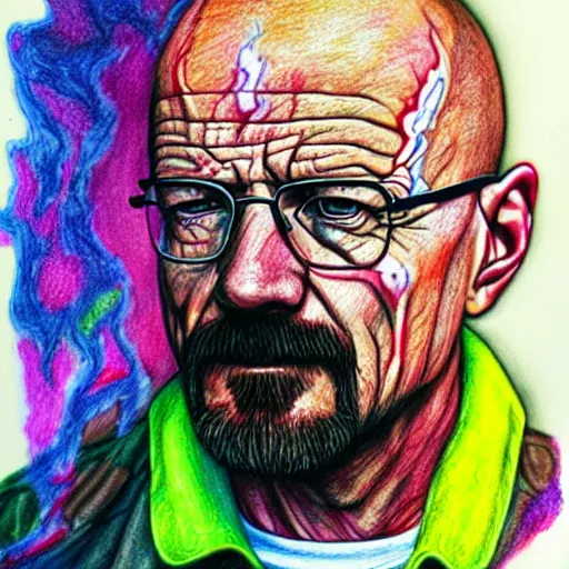 Prompt: walter white covered in acid smoke, colored pencil drawing