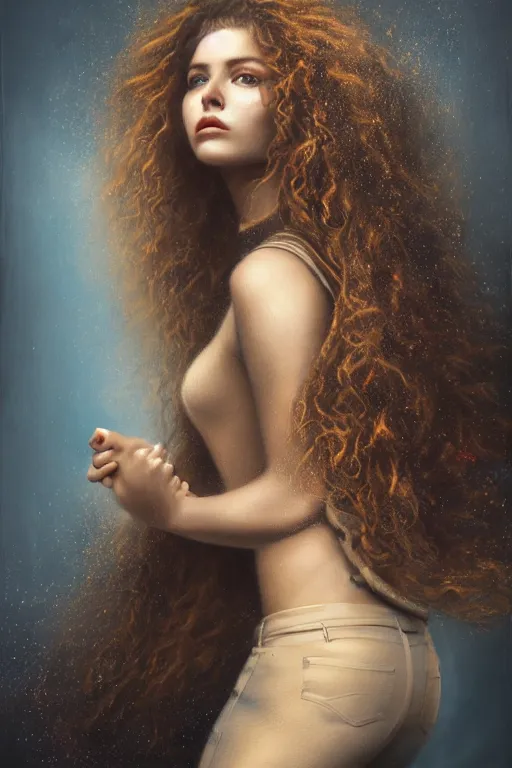 Image similar to a stunning ultra realistic fine art painting of a teenage female rock climber wearing loose jeans, blonde brunette curly hair, by tom bagshaw, studio portrait, vivid colors, detailed hair, 4K