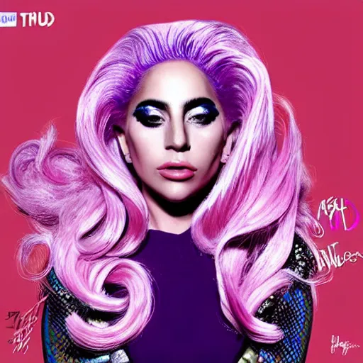 Image similar to lady gaga with pink hair wearing a purple dress, an album cover by Hedi Xandt, featured on tumblr, afrofuturism, made of rubber, made of plastic, elite