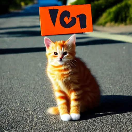 Image similar to cute fluffy orange tabby kitten with a sign that says