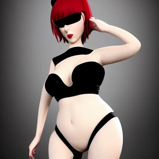 Image similar to a curvy feminine pale goth cutie with a thin waist in a red-black rubber tight tube-top dress and black rubber stockings, cgsociety, photorealistic, sublime-comfy-elegant ambience, 16k, smooth, sharp focus, trending on ArtStation, volumetric lighting, fully clothed, worksafe