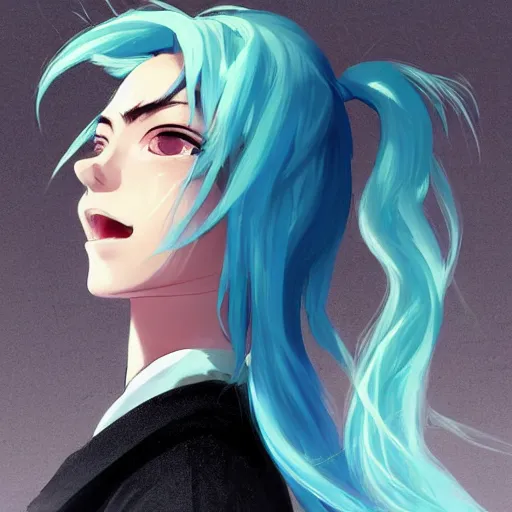 Image similar to profile shot of rimuru tempest, sky blue hair, ponytail, long bangs, gold eyes, black jacket with white stripes and a high collar, highly detailed, roman city, professional art, concept art, shutterstock, cinematic, wlop | art by pixiv, ilya kuvshinov, greg rutkowski, yoshitaka amano