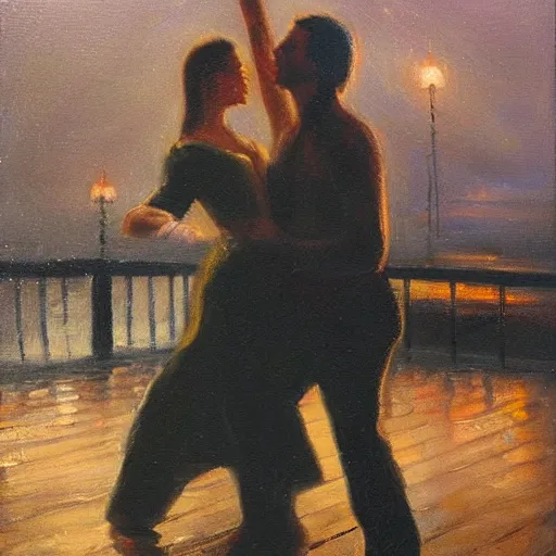 Prompt: A brunette Colombian woman and a Caucasian man dance intimately on a misty pier at midnight, sensual, romantic, oil painting