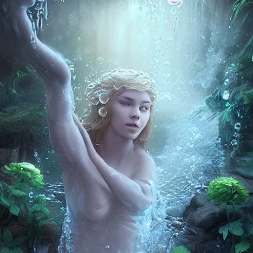 Prompt: ultra realistic 3 d render of a goddess made of water and flowers rising out of the water dripping by charlie bowater and farid ghanbari, beautiful, bioluminescent, ethereal, mist, waterfall