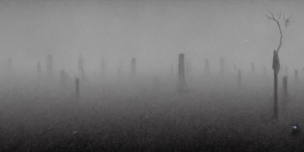 Prompt: wide view of ash covered graveyard, ashen mist, void black holes, eldritch, beksinski,