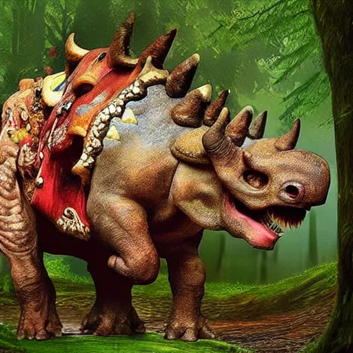 Prompt: a triceratops made of mushrooms, in the style of Princess Mononoke