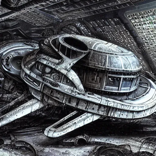 Prompt: crashed spaceship on an abandoned planet giger