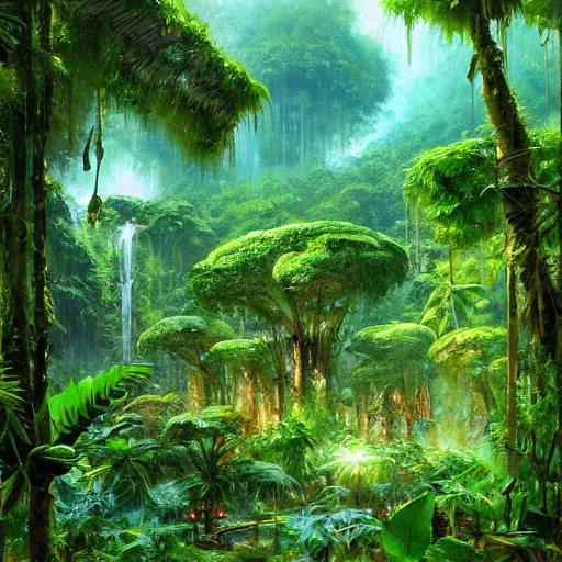 Prompt: a village in the rainforest, highly detailed, hd, beautiful, sharp focus, vine, lush plants, smoothly, artstation, by john berkey