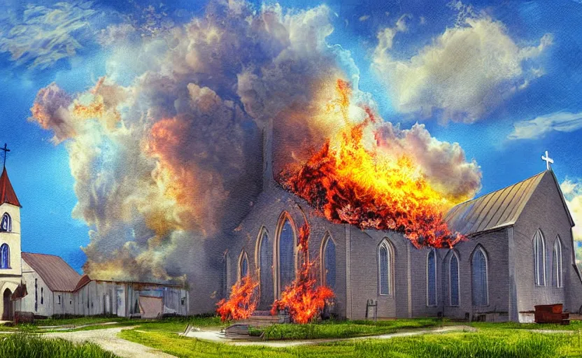 Image similar to a church exploding into flames, blue sky with clouds, digital art