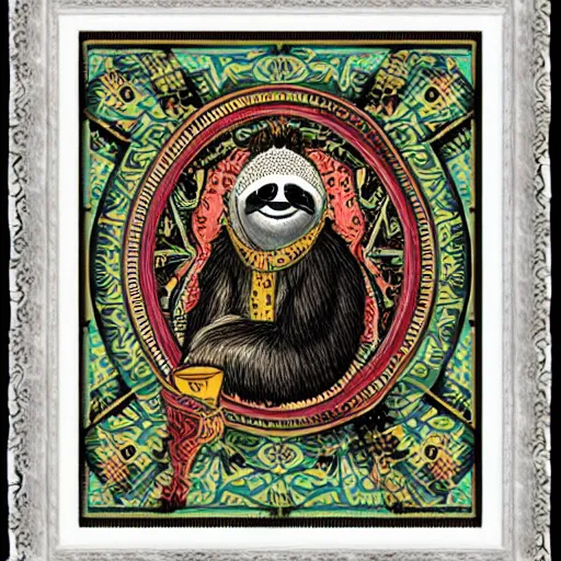 Image similar to sloth as the king of cups, framed, intricate details