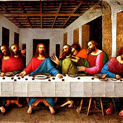 Image similar to The last supper by leonardo Davinci but Jesus and his Apostles are Anthropomorphic Otters