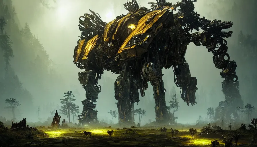 Image similar to large walking mech covered in gold and silver armor with elden ring and horizon zero dawn aesthetic, covered in moss and birds, glowing lights, beautiful forests and trees, intricate detail, epic wallpaper, art by darek zabrocki and John Park and Feng Zhu and Jason Chan, trending on artstation, masterpiece.