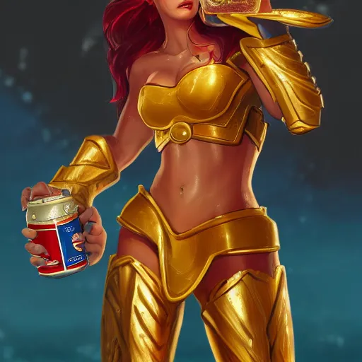 Prompt: leona from league of legends wearing gold and scarlet armor drinking a soft drink out of a blue can on a hot summer day at the beach. she is wearing wearing gold and scarlet armor. digital illustration, trending on artstation, highly detailed, excellent beautiful lighting,