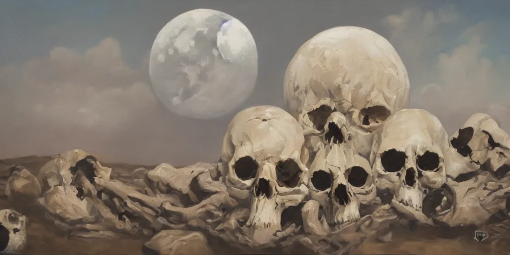 Prompt: a few giant skulls on the moon, oil on canvas