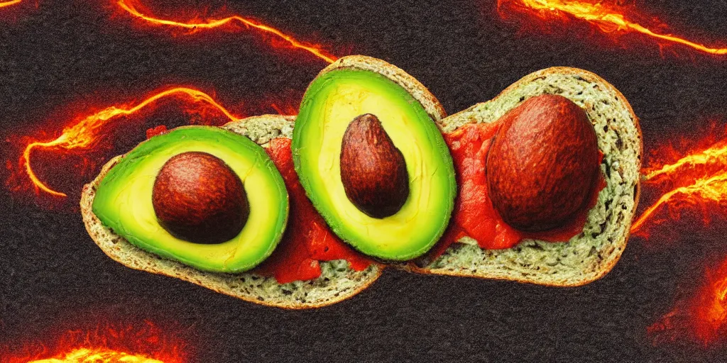 Prompt: polaroid picture of avocado toast, hell, fire, lava, magma, horror, side view, saturated