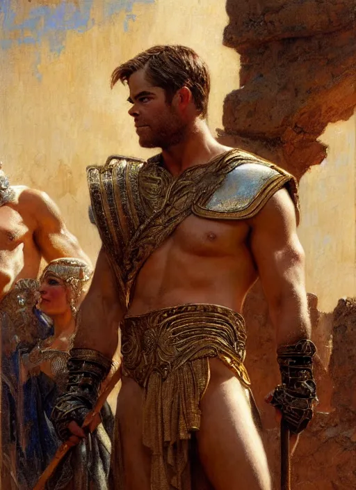 Image similar to gladiator chris pine, roman baths painting by gaston bussiere, craig mullins, j. c. leyendecker