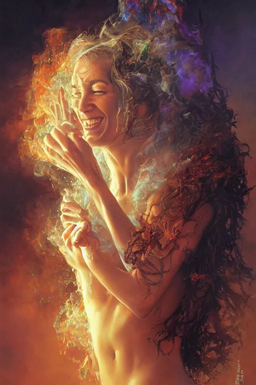 Prompt: a smiling claudia black melting into smoke highly detailed, james gurney, alan lee, michael cheval, peter mohrbacher, boris vallejo, jessica rossier, oil painting