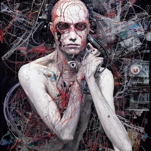 Prompt: a male cyberpunk assassin, wires cybernetic implants, in the style of adrian ghenie esao andrews jenny saville surrealism dark art by james jean takato yamamoto