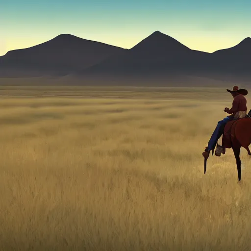 Image similar to cowboy on the range, beautiful New Mexico landscape, Art Deco, cel-shaded, unity, 8k, 4k