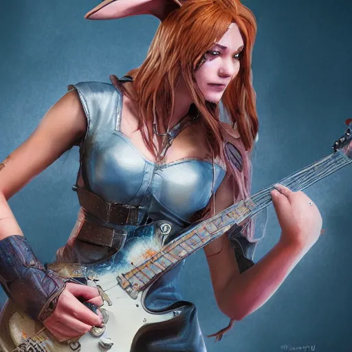 Image similar to An epic fantasy comic book style portrait painting of a bunny playing the guitar, unreal 5, DAZ, hyperrealistic, octane render, cosplay, RPG portrait, dynamic lighting