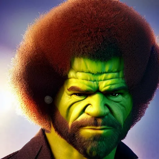 Prompt: photomanipulation of BOB ROSS as hulk with human flesh, marvel, fully detailed, volumetric lightening, octane render, 8k, masterpiece, epic composition