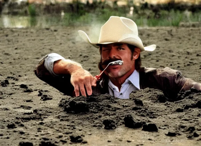 Image similar to a cowboy wearing a disguise while he sinks into a tar pit wide shot, from the hit 9 0 s tv show