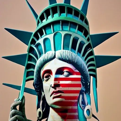 Image similar to a beautiful statue of liberty sculpture designed by Sandra Chevrier, american indian headdress, American stars and stripes on face, by Annie Leibovitz