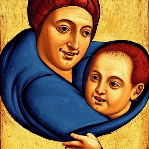 Image similar to painting benjamin netanyahu smiling while being held by his mother, tempera on wood, crevole madonna inspired, by duccio