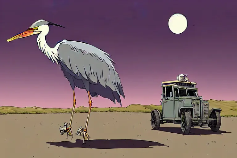 Image similar to a cell shaded cartoon of a mechanized grey heron from howl's moving castle ( 2 0 0 4 ), on a desert road, in front of a full moon, full body, wide shot, very muted colors, post grunge, studio ghibli, laurie greasley, highly detailed, deviantart, art by artgem