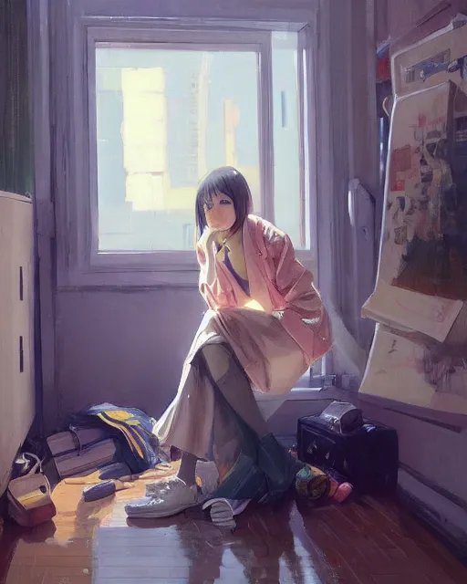 Image similar to A ultradetailed beautiful panting of a stylish girl sitting on the floor of a messy apartment, she is wearing an oversized jacket, Oil painting, by Ilya Kuvshinov, Greg Rutkowski and Makoto Shinkai