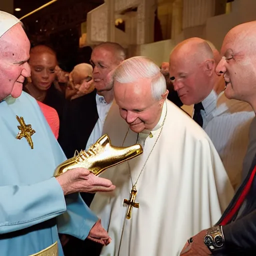 Prompt: john paul ii admiring a yeezy sneaker in his hands