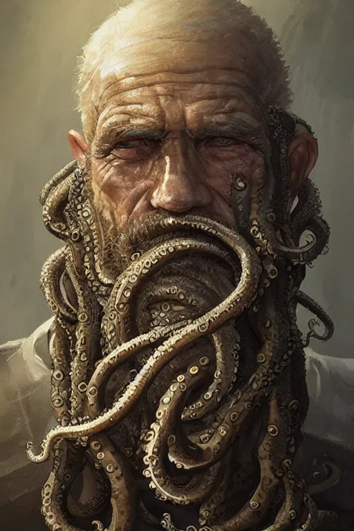 Image similar to portrait of an old fisherman with tentacles growing on him, eldritch, d & d, face, fantasy, intricate, elegant, highly detailed, digital painting, artstation, concept art, smooth, sharp focus, illustration, art by greg rutkowski