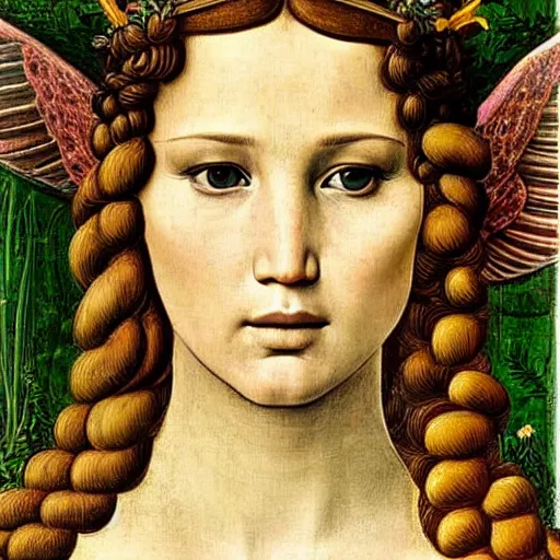 Prompt: jennifer lawrence as the goddess of spring, elegant portrait by sandro botticelli, detailed, symmetrical, intricate