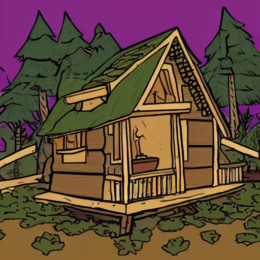 Image similar to a illustration of a Eerie cabin in the middle of the woods in the style of a Garfield comic
