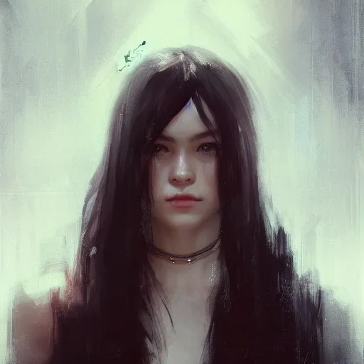 Image similar to a cute and beautiful girl by ruan jia, 8 k, closeup headshot, smooth, trending on artstation, black long hair, black eyes, movie poster style