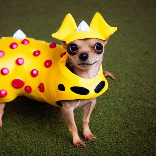 Image similar to photo of mini brown chihuahua in a bowser costume. Post processing , award winning , masterpiece , photo realistic