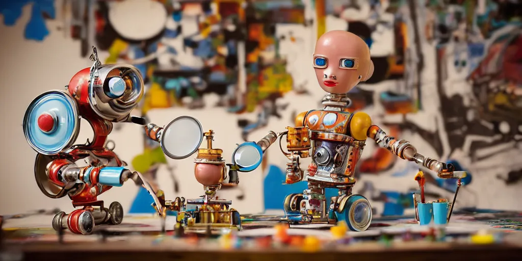 Prompt: closeup portrait of tin toy retro robot painter mixing gouache on white paper table in an artist workshop, depth of field, zeiss lens, detailed, centered, fashion photoshoot, by nicoletta ceccoli, mark ryden, lostfish, breathtaking, 8 k resolution, extremely detailed, beautiful, establishing shot, artistic, hyperrealistic, octane render